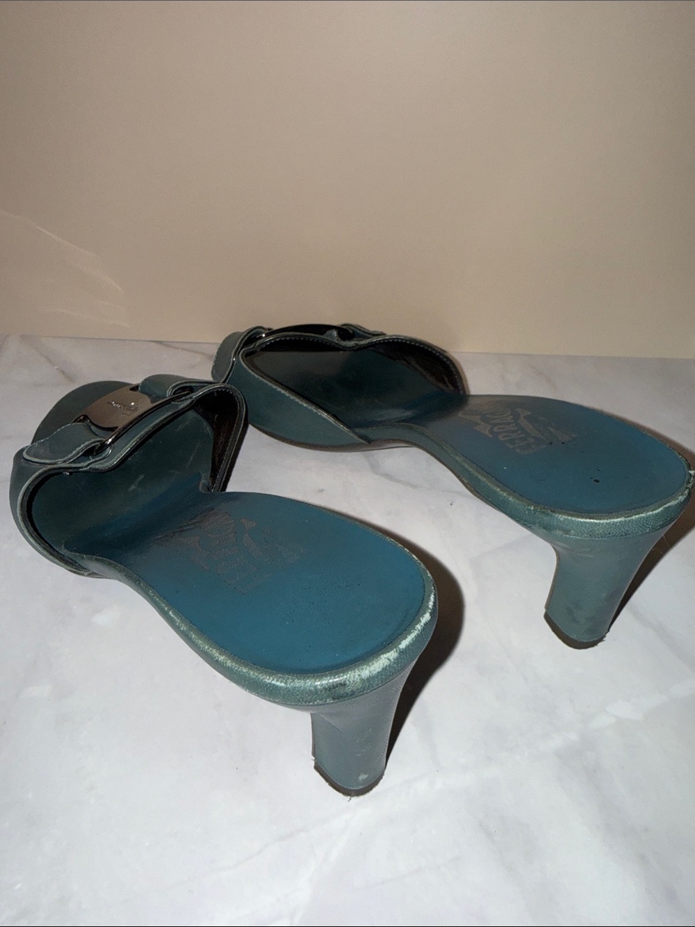 Salvatore Ferragamo Teal Leather Buckle Slide Mules - Picture 5 of 12